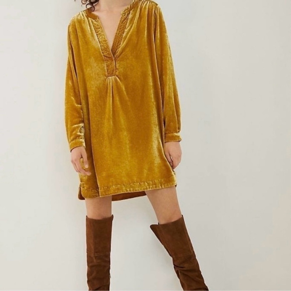 Anthropologie Yellow Velvet Long Sleeve Tunic Dress